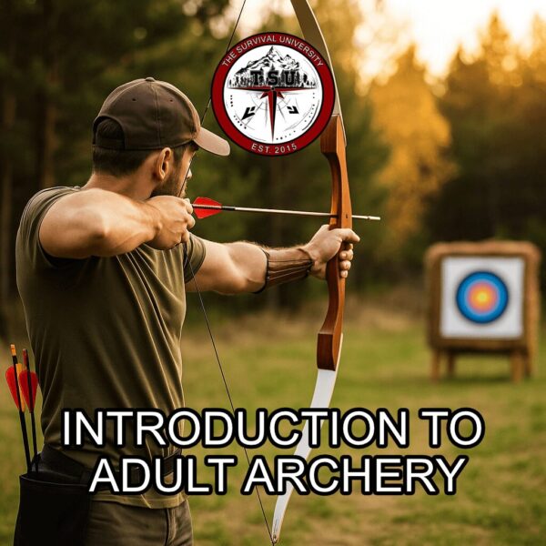 An adult archer aims a traditional recurve bow at a target on an outdoor range surrounded by pine trees during sunset at The Survival University in Colorado.