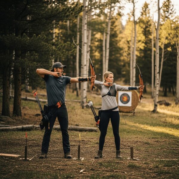 A man and woman practice side by side with traditional recurve bows on an outdoor range surrounded by pine and aspen trees in Colorado.