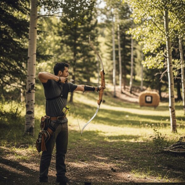 A man aims a traditional recurve bow at a target on an outdoor range surrounded by pine and aspen trees in the Colorado mountains.