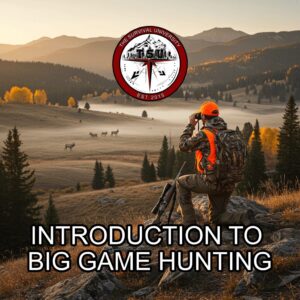 Hunter in camouflage with an orange vest kneeling on a rocky ridge, looking through binoculars at elk grazing in a mountain valley during sunrise, with The Survival University logo above.