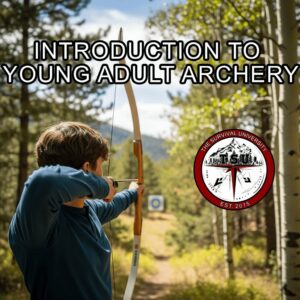 A young archer aims a wooden recurve bow at a distant target on a sunny forest range, surrounded by pines and aspens in the Colorado mountains.
