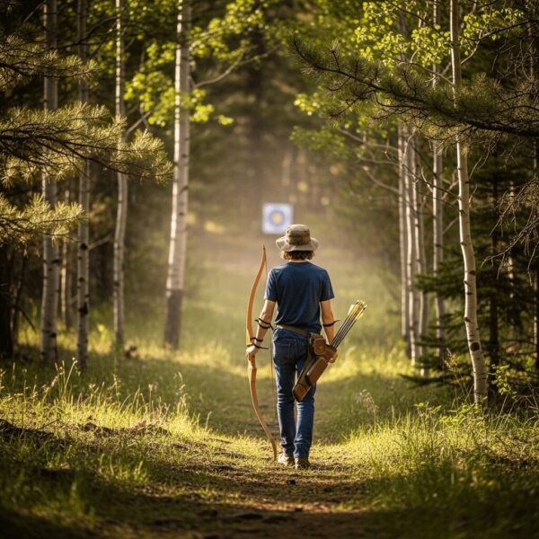 A young archer walks down a forest path toward a distant target, carrying a traditional bow and quiver in the sunlight of a Colorado pine grove.