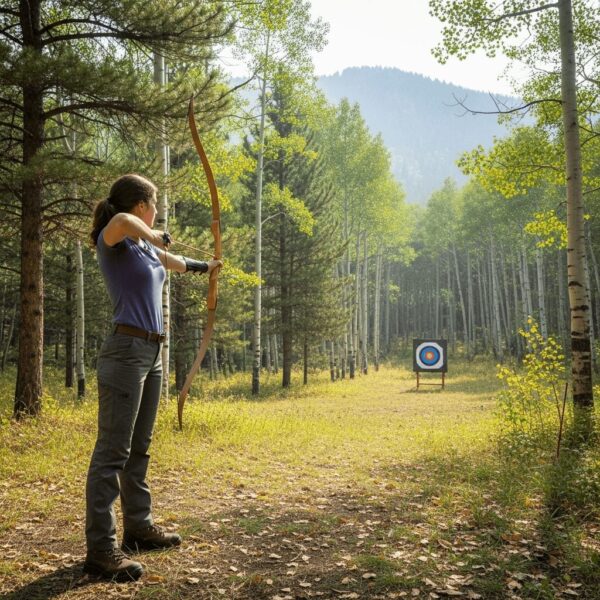A teenage girl stands in a Colorado mountain forest, drawing a traditional recurve bow toward a distant target surrounded by pine and aspen trees.