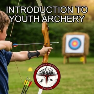 A young archer aims a wooden bow at a colorful target set on a hay bale during an outdoor archery class.