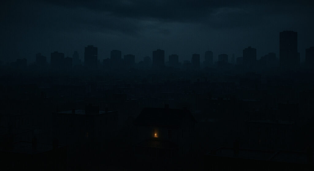 A dark city skyline during a blackout with a single home glowing by candlelight, symbolizing preparedness and awareness amid failure.