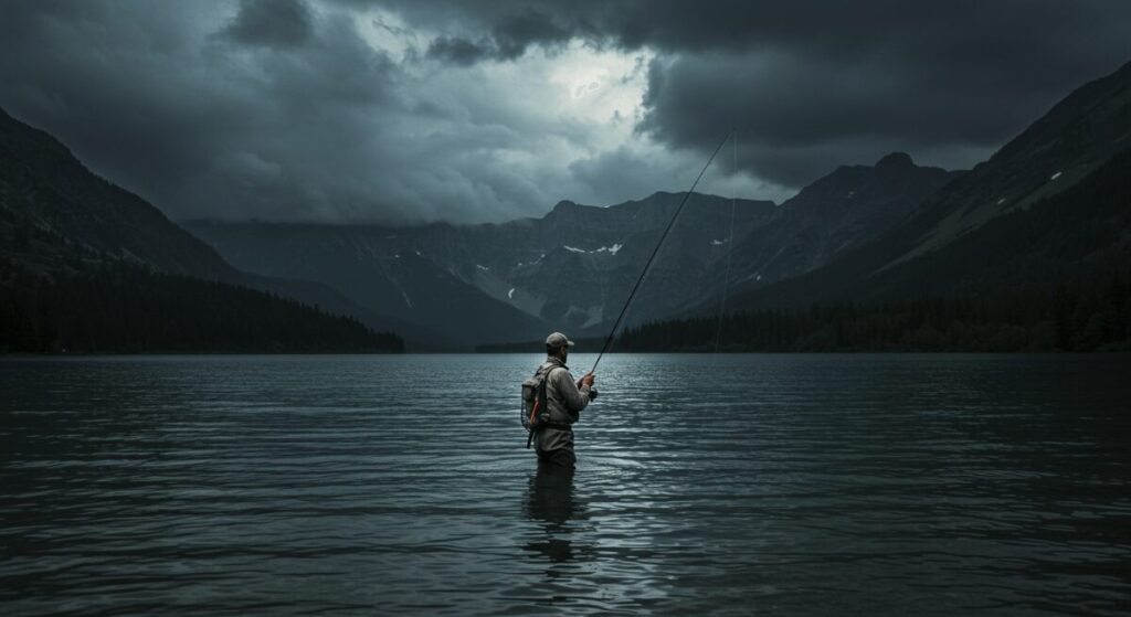 Fisherman standing in lake as storm approaches