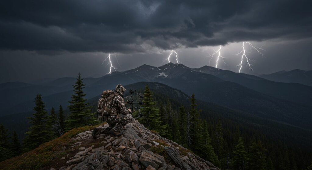 Hunter crouching on a mountain ridge with storm clouds and lightning overhead