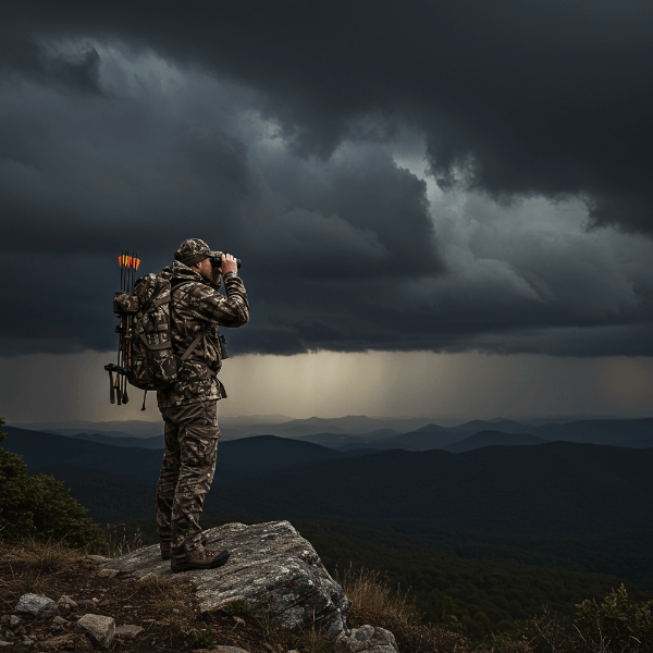 Hunter lingering on a ridge as storm clouds build