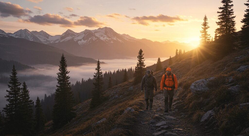 Hunters walking safely down trail at sunrise