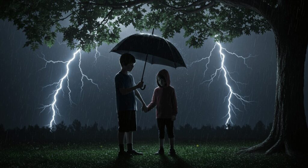 Children under a tree with umbrella during storm