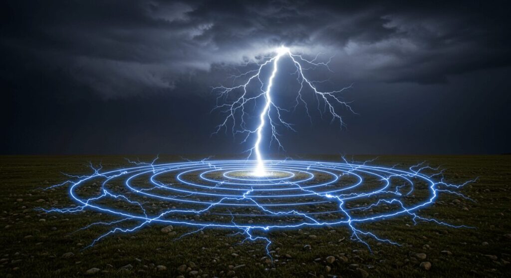 Lightning strike with danger zones spreading across the ground