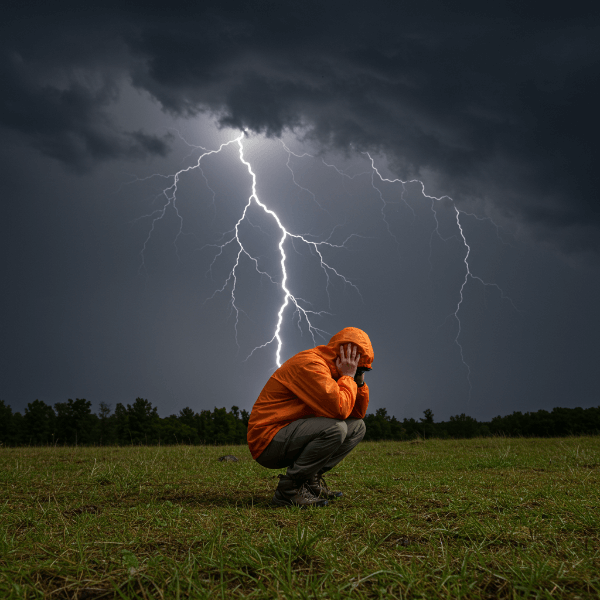 Person crouched in lightning safety position during storm