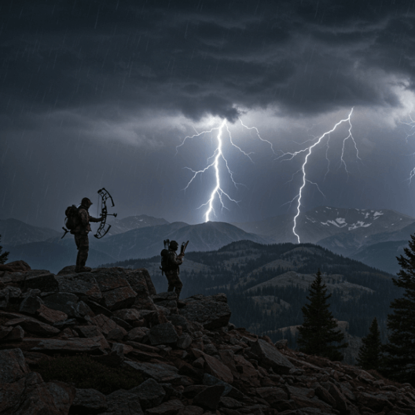 Hunters on a mountain ridge with lightning striking in the distance during a storm