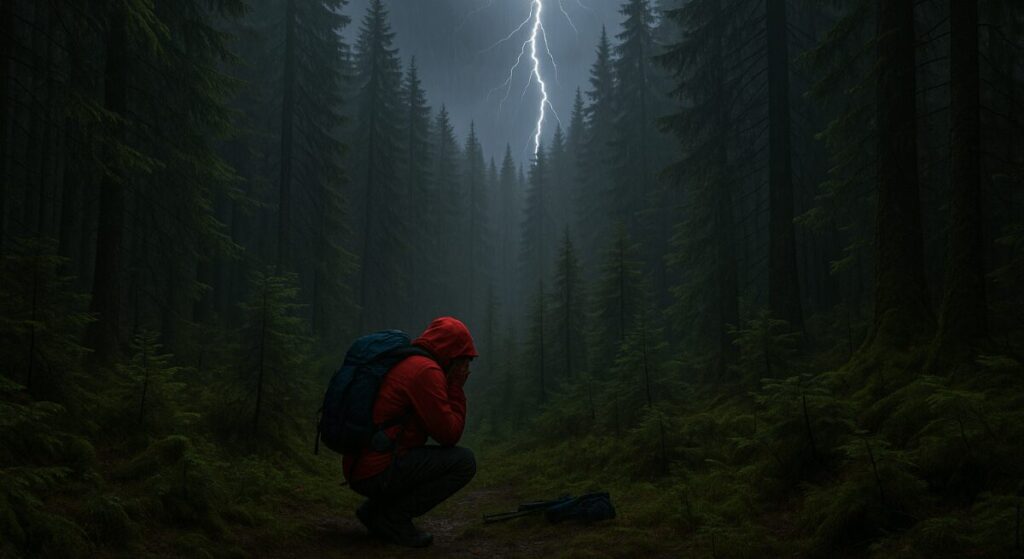 Hiker crouched in lightning safety position in low forested valley surrounded by trees of equal height