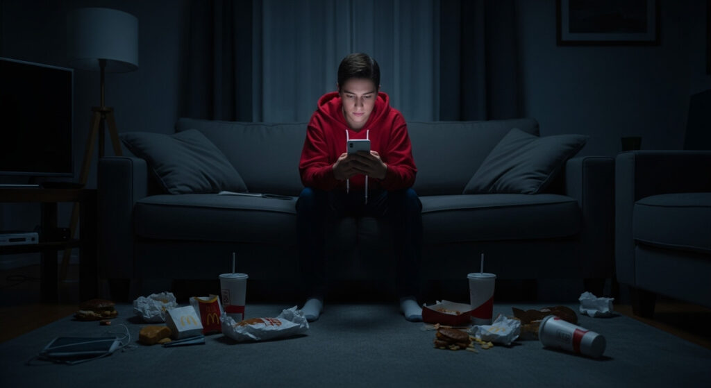 A person sitting in a dim room scrolling on their phone surrounded by takeout containers, symbolizing modern comfort and disconnection.