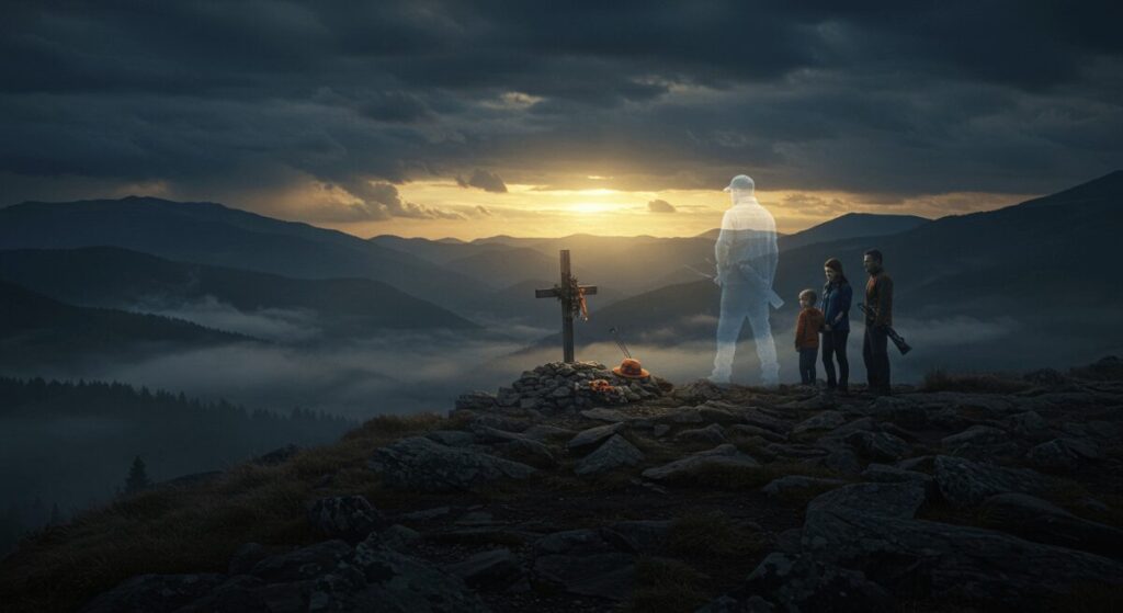 Family visiting mountain memorial with ghostly hunter silhouette at sunset