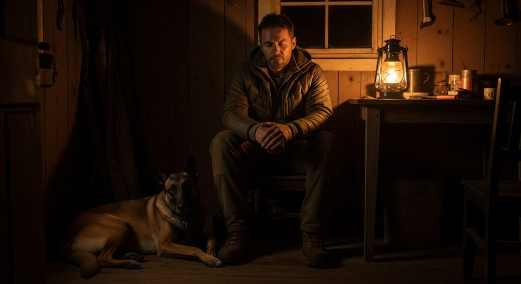 A man sits quietly in lantern light beside his Belgian Malinois, symbolizing gratitude, awareness, and resilience in uncertain times.