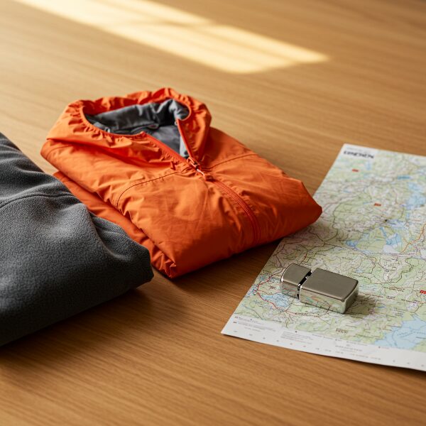 Flat lay of survival gear for storm preparedness