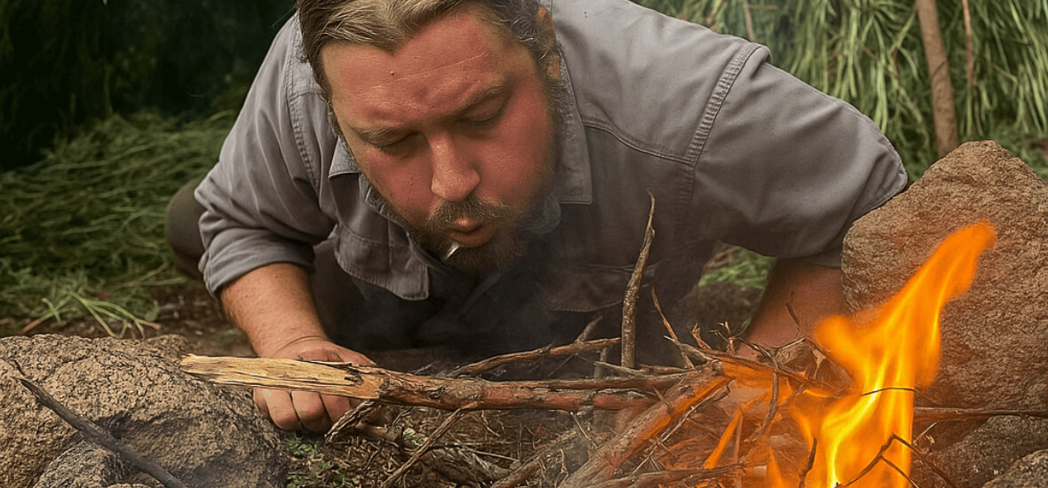 Student blowing on kindling to start a campfire during a wilderness survival course in Colorado pine forest.