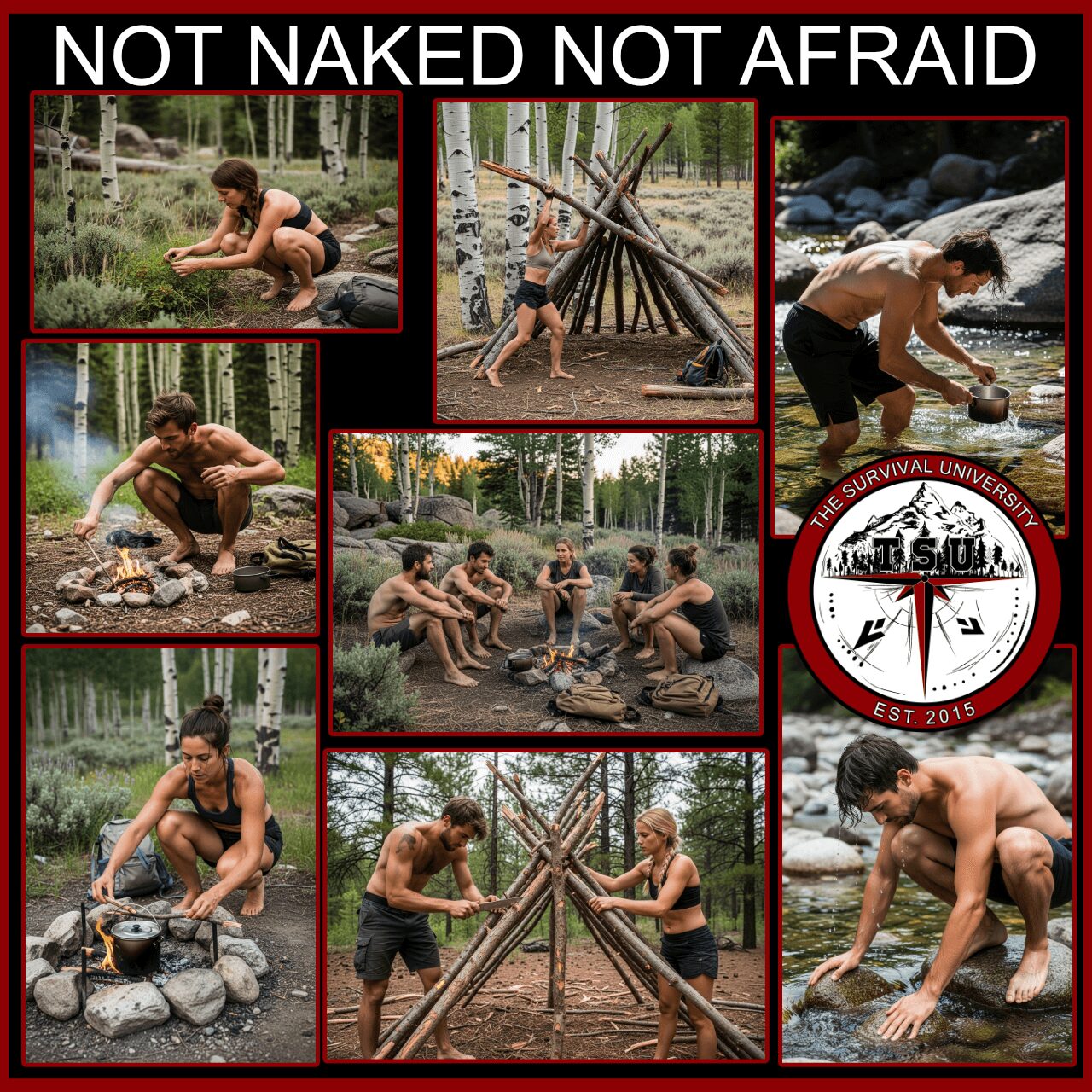 Collage of men and women at a Colorado forest campsite performing survival skills including fire building, shelter construction, water gathering, cooking over a small fire, foraging, and sitting together around a campfire at sunset.