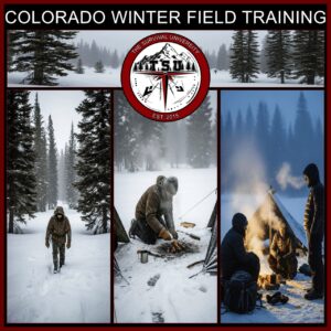 Colorado Winter Field Training students practicing cold weather skills including movement, fire building, and shelter use in snowy mountain terrain