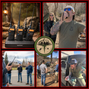 Off grid communications class using handheld radios with instructor and students practicing real world communication skills