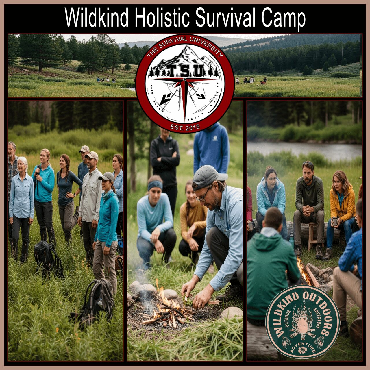 Co-ed group of men and women participating in Wildkind holistic survival training in a summer mountain meadow in Colorado, practicing fire skills and community learning.