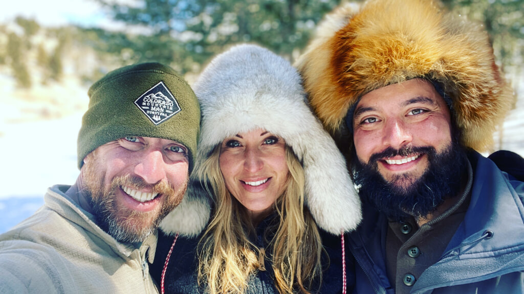 Jason Marsteiner, Jess Caldwell, and Matt McFarland during winter survival training in snowy Colorado backcountry