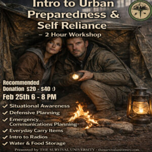 Promotional poster for an Intro to Urban Preparedness and Self Reliance 2 hour workshop showing a man and woman sitting under a tarp by a small fire holding a flashlight and lantern with event details and topic list displayed.