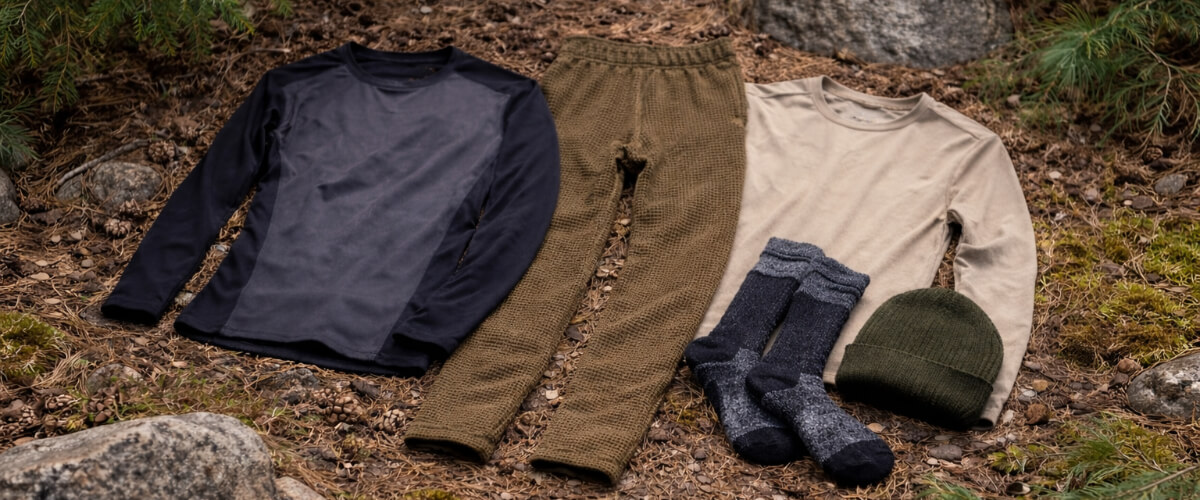 Cold weather base layers laid out on the forest floor, including a long sleeve base layer shirt, waffle pattern thermal pants, wool socks, and a knit beanie, demonstrating proper clothing layers for outdoor use.