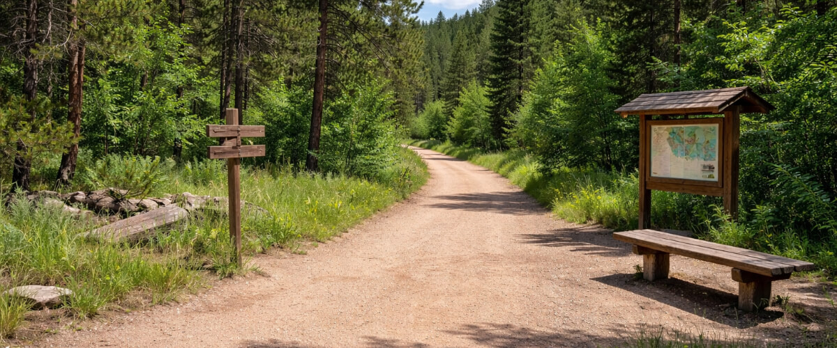 Empty forest trail with clear visibility, signage, and a bench in daylight, representing a familiar backcountry environment.