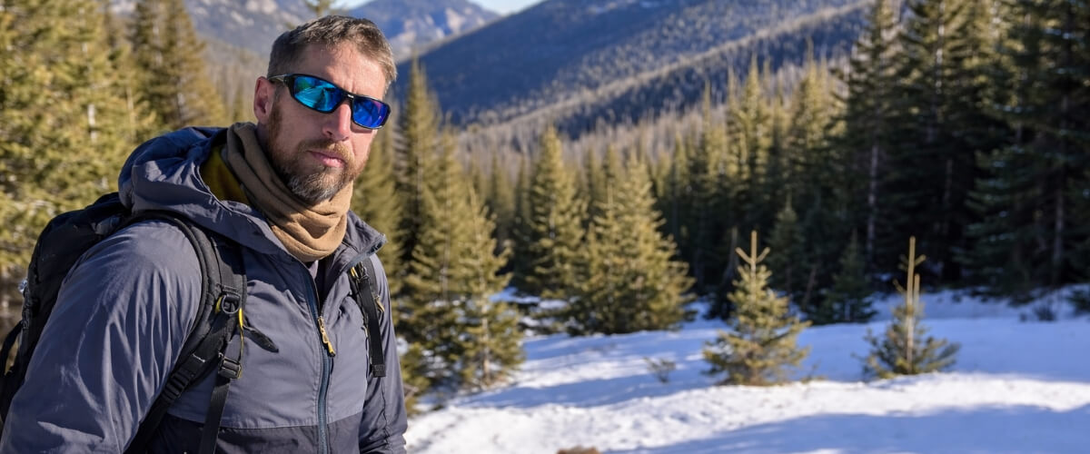 Man standing in snowy mountain terrain adjusting his outer layer, showing proper clothing layering in cold conditions.