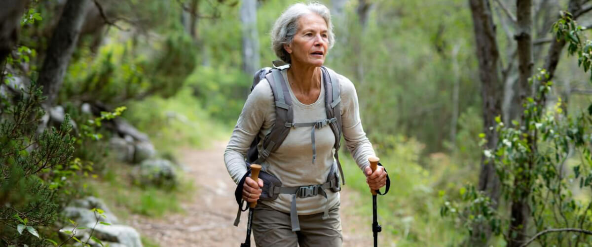 Older woman hiking alone on a forest trail using trekking poles and carrying a backpack in daylight.