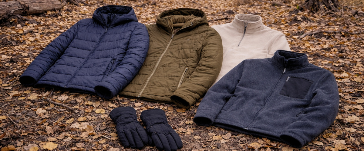 Insulating clothing layers laid out on the ground in an aspen grove during late fall, including a puffer jacket, insulated jacket, fleece layer, and gloves on rugged forest leaves