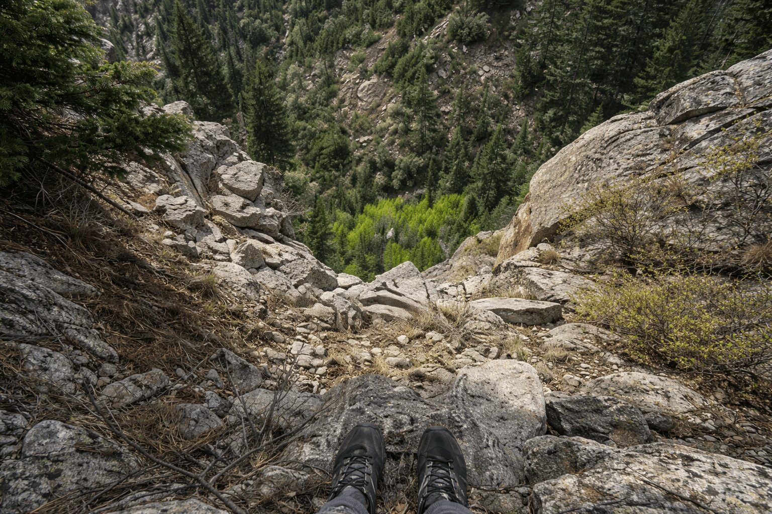 First person view looking down a steep rocky slope, showing exposed terrain and fall risk on a mountain trail