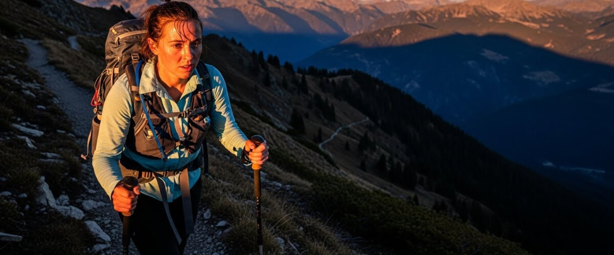 Solo hiker still moving along a mountain trail late in the day as daylight fades and fatigue begins to show
