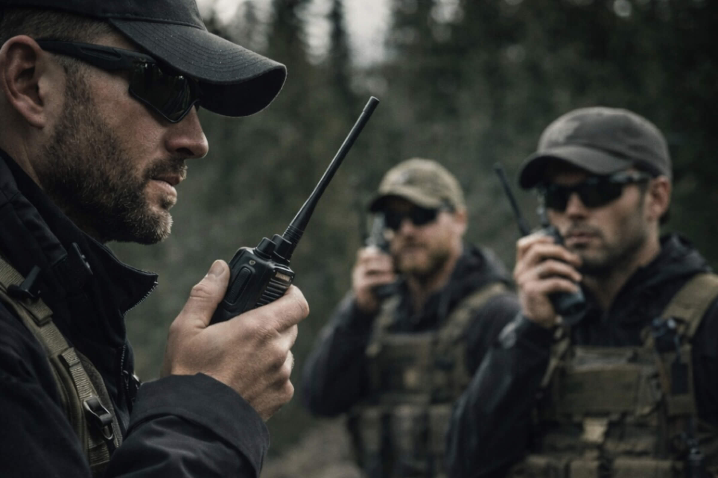 Tactical team using handheld radios to communicate during a coordinated field training exercise