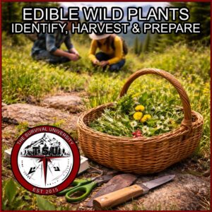 Basket of freshly harvested wild edible plants with scissors and a knife in the foreground, while two people forage in a mountain meadow in Colorado with evergreen trees and distant peaks behind them.