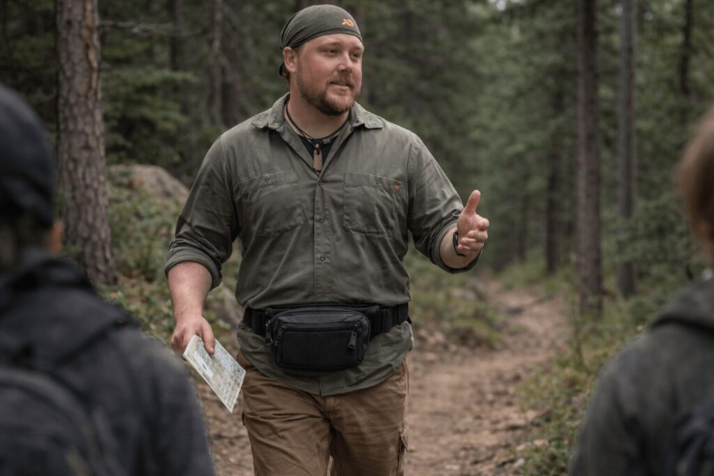 Outdoor instructor wearing a compact waist pack while teaching on a forest trail, demonstrating practical everyday carry in a backcountry environment.