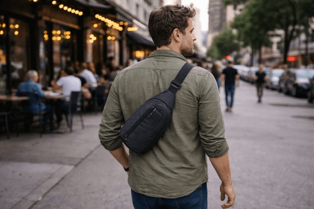 Man walking down a city street wearing a black sling bag for everyday carry, showing practical urban EDC in a real world environment with cafes and pedestrians in the background.