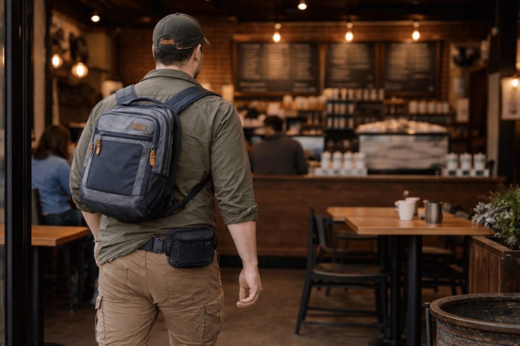 Man wearing casual clothing and backpack with compact waist pack entering a coffee shop, representing practical everyday carry integrated into normal urban life.