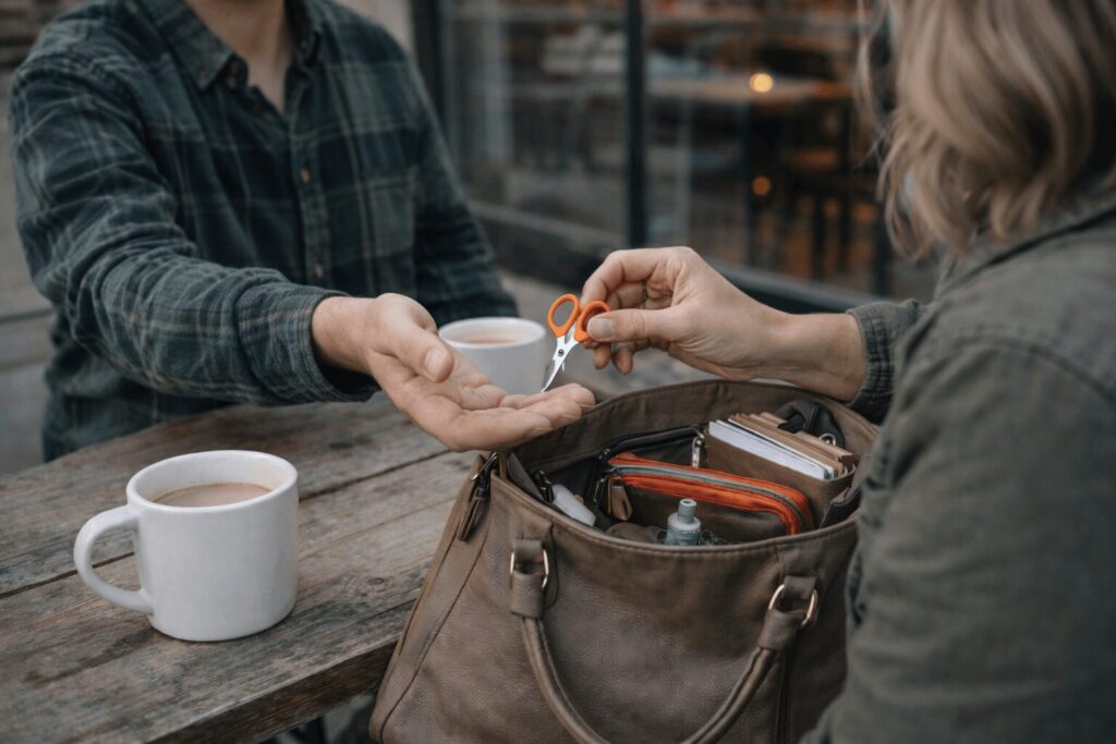 Woman handing small scissors from her purse to a man at a coffee shop table, showing practical everyday carry items in a real world setting with coffee cups and urban background.