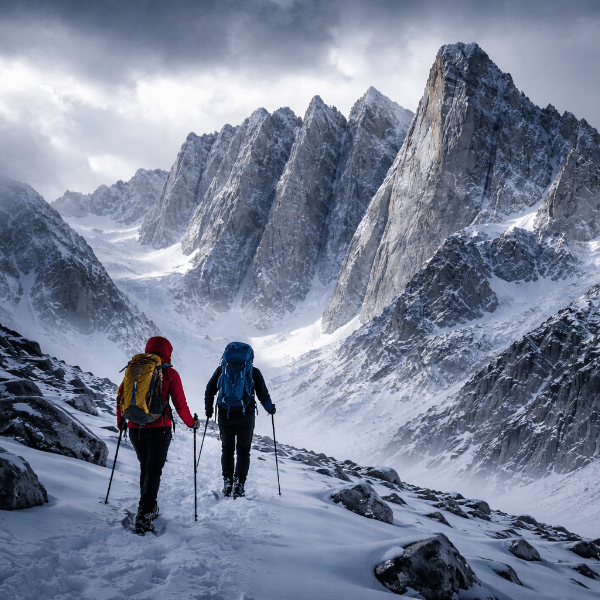 Two hikers moving together on a mountain trail, illustrating group decision making and cohesion in demanding terrain