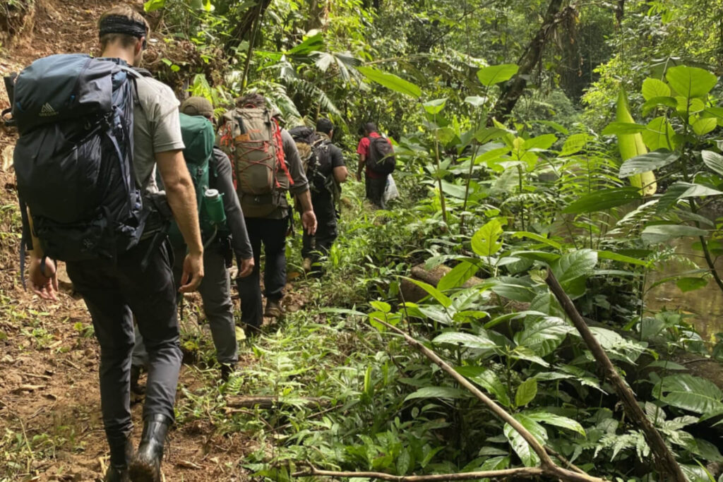 Group of backpackers hiking single file through dense Costa Rica jungle, moving together at a steady pace on a narrow trail with close spacing and packs visible.