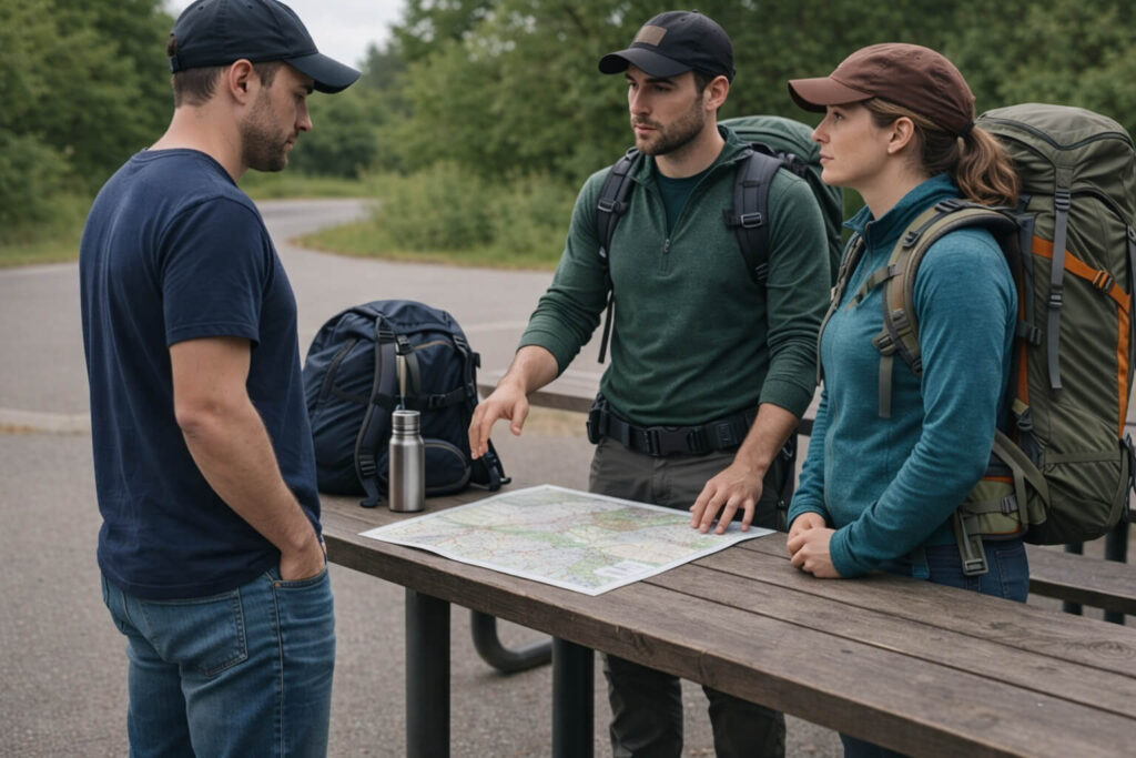 Three adults at a trailhead reviewing a map before a hike, with two people wearing full hiking gear and backpacks while a third person in casual clothing listens during a calm pre trip planning discussion.