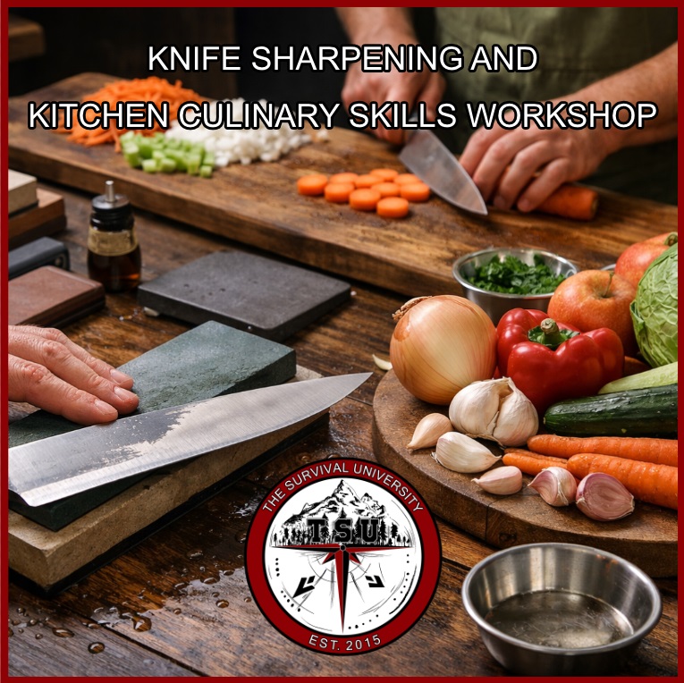 Chef sharpening a kitchen knife on a whetstone beside fresh vegetables and a cutting board during a culinary knife skills workshop