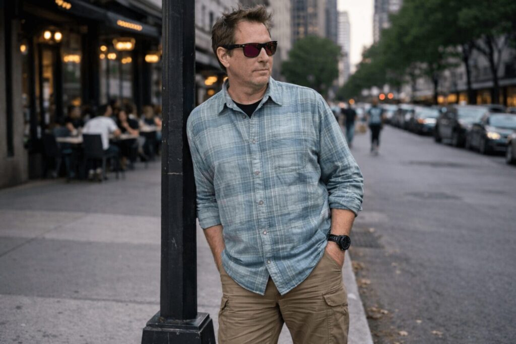 Middle aged man wearing loose long sleeved plaid shirt and cargo pants leaning casually against a city street sign post, representing responsible concealed carry in an urban setting.