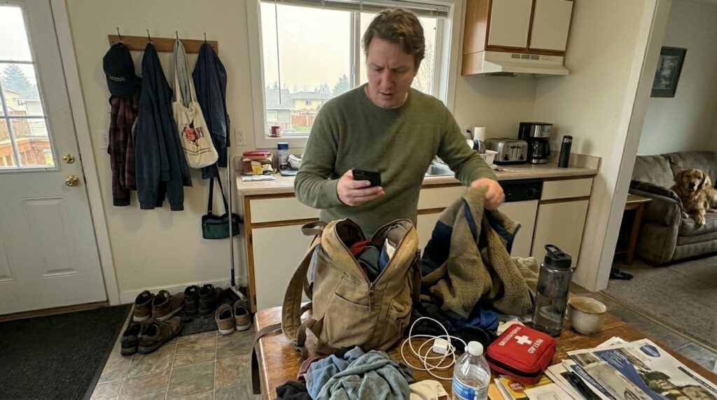 Person rushing to pack a go bag at home during evacuation