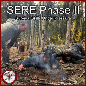 Men practicing fire building in a survival training course under pressure in a forest setting