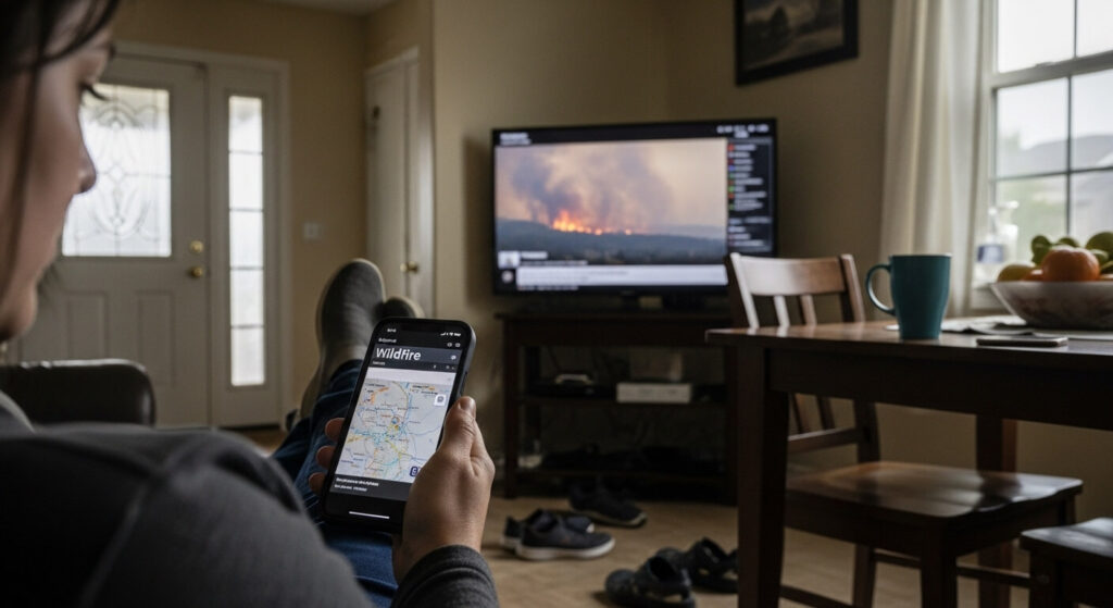 Person ignoring wildfire evacuation warning on phone at home